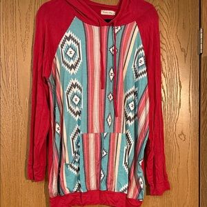 Red and Teal Patterned Women's Hoodie